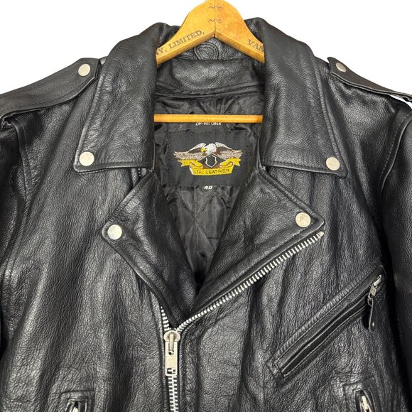 Vintage 90s Black Leather Motorcycle Jacket With Belt Zip Out Liner - Picture 5 of 13